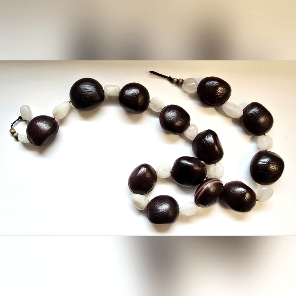 Wooden, Brown and White Beaded Statement Necklace from Costa Rica 🇨🇷